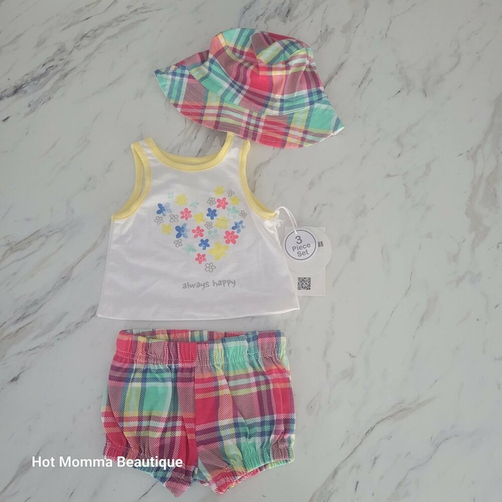 Infant Red Plaid Bucket Hat 3 Piece Short Set 0-3M